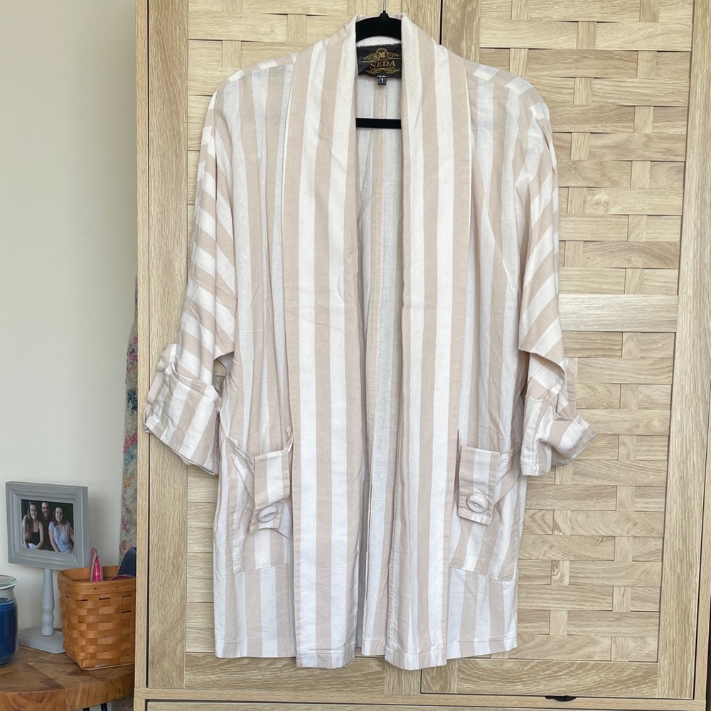 Tribal Beige and White Striped Open Front Cardigan